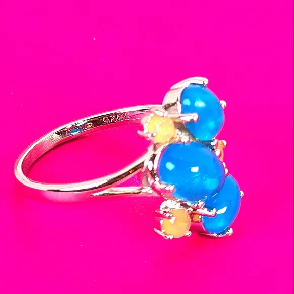 925 Sterling Silver Ring with Natural Oval Blue Opal 8x6mm & Fire Opal Gemstones - Picture 7 of 14